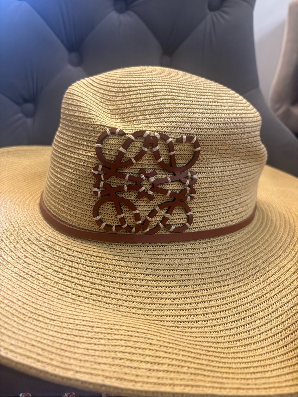 Loewe Yellow Straw Wide-Brim Hat with Leather Trim and Decorative Emblem - Picture 11 of 11
